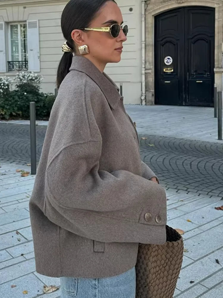 Solid Lapel Full Sleeve Coat  Elegant Single Breasted Pockets Short Loose Outwear For Women 2026 New Casual High Street Overcoat