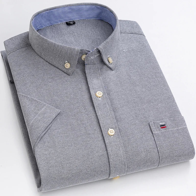 2025 100% Pure Cotton Men's Oxford Short Sleeve Square Collar Soild Plaid Striped Summer Casual Shirts Single Pocket  Shirt