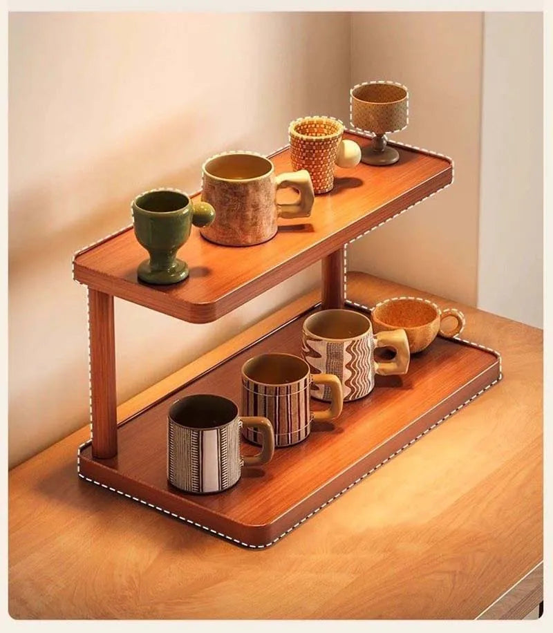 Versatile 2-Tier Wooden Storage Rack for Kitchen&Tea Room-Countertop Organizer with Decorative Desktop Multi-layer Storage Rack