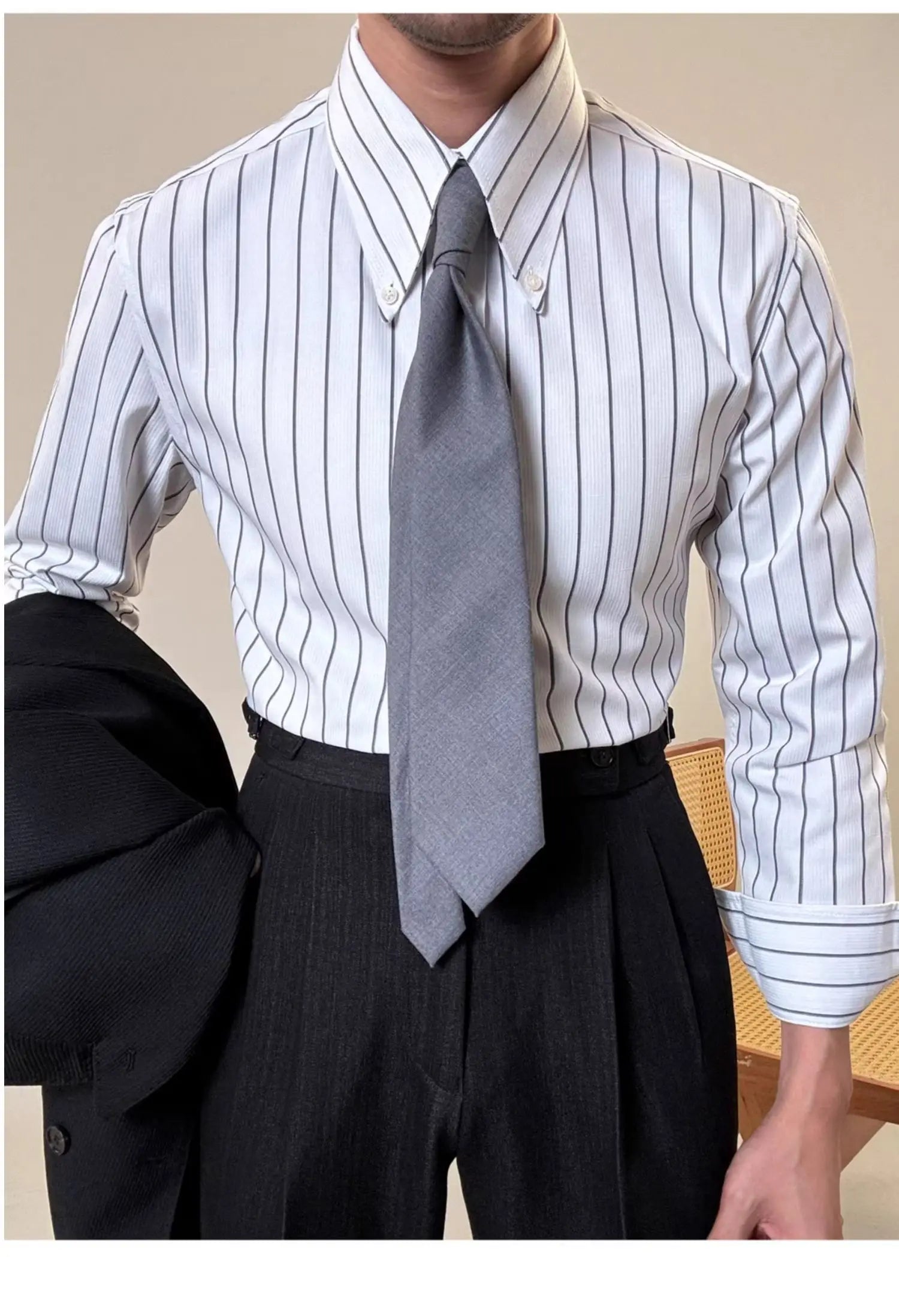 Anti-wrinkle Tianshan Cotton Italian Long Point Collar White Striped Shirt Men's Long Sleeve Casual Business Shirt