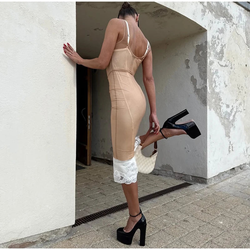 Sexy Sheer Mesh Overlay Midi Dress Women Sleeveless Waist Cinched Lace-trim Bodycon Sling Dress 2026 Lady Trendy Party Robe