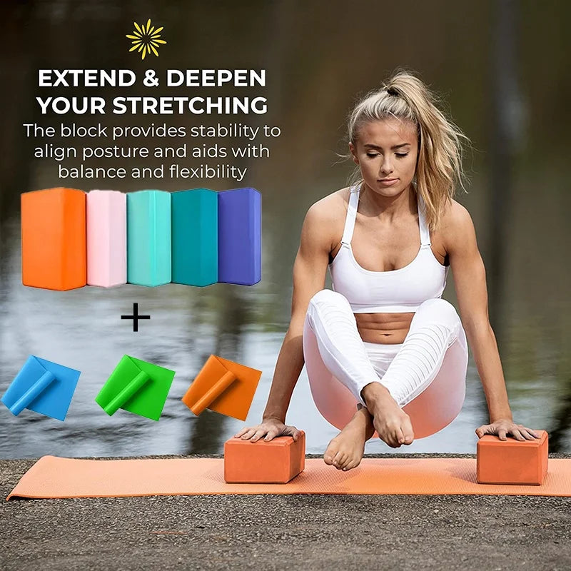 3pcs Set with Two Yoga Blocks+Resistance Bands, EVA Yoga Blocks, Stretching Resistance Bands Suitable for Beginner Yoga, Stretch
