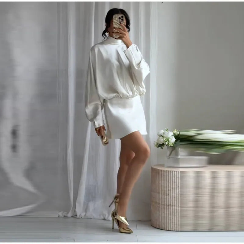 Elegant Satin Mini Dress For Women Fashion Scarf Collar Batwing Sleeve Waist Dress Lady 2025 Autumn Chic Party Evening Vestidos