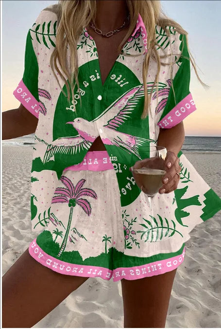 Fashion Print Beach Holiday 2-Piece Set Women Summer Short Sleeve Shirt Top + Wide Legs Short Women's Oversized Two-Piece Outfit