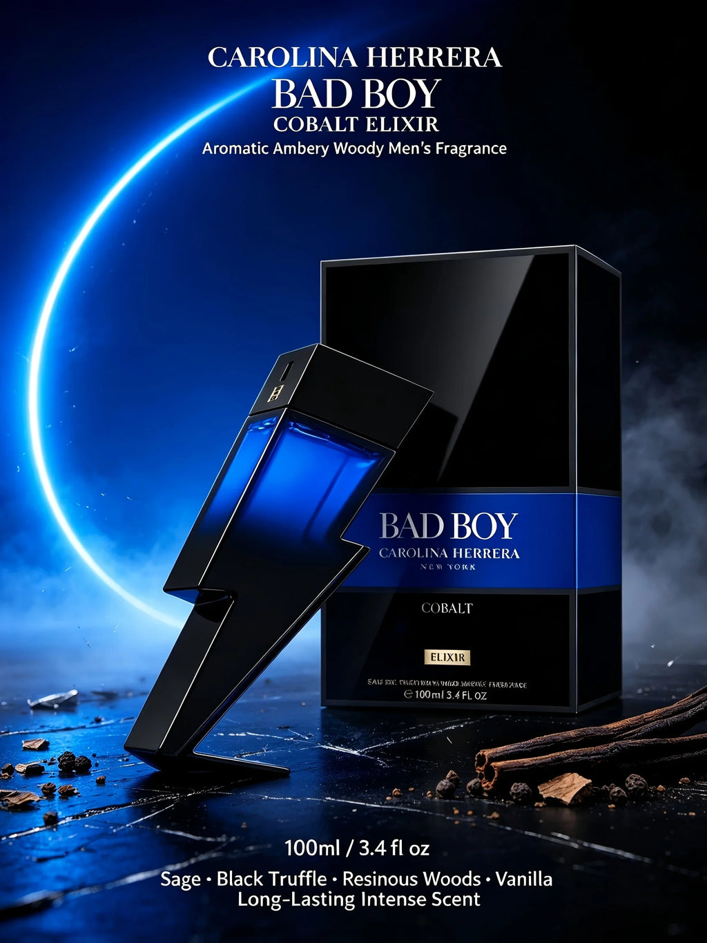Carolina Herrera Bad Boy Cobalt Elixir EDP for Men, 3.4 fl oz/100ml, Woody Amber Spicy Sage Black Truffle Vanilla Long Lasting Cologne, Holiday Gift