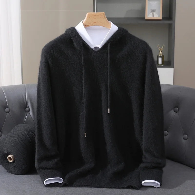 Autumn Winter New 100% Mink Cashmere Sweater Men's Solid Color Hooded Pullover Knitted Sweater Loose Casual Top For Outdoor Wear