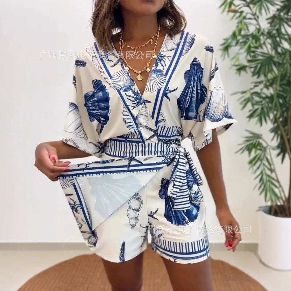 Women V Neck Beach Printed High Waist Stretch Jumpsuit Shorts Overall Playsuit