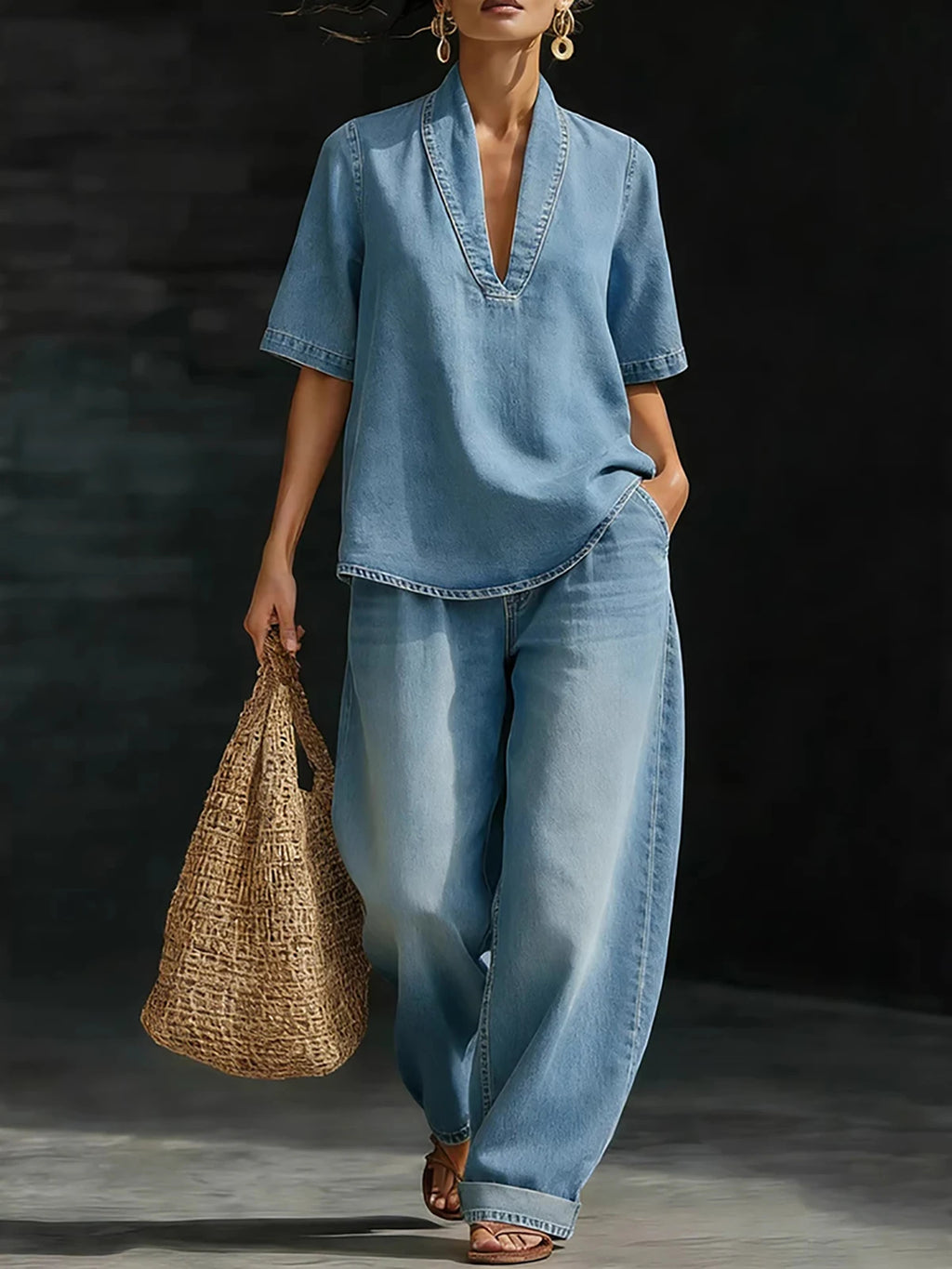 Women Denim Two Piece Set V Neck Half Sleeve Top T-Shirt Loose Wide Leg Pants Casual Outfit Streetwear Fashion Summer Suit Sets