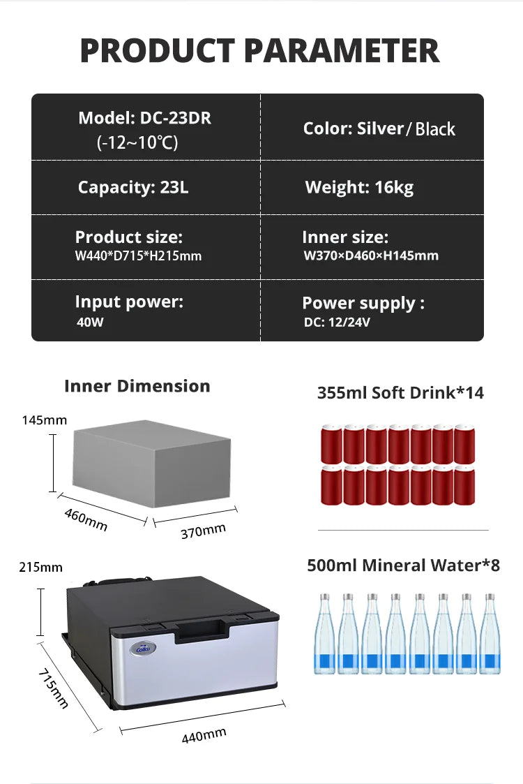 Applicable to 12V 24V New Design Portable Outdoor Using 23L Drawer Car Refrigerator Fridge for Caravan