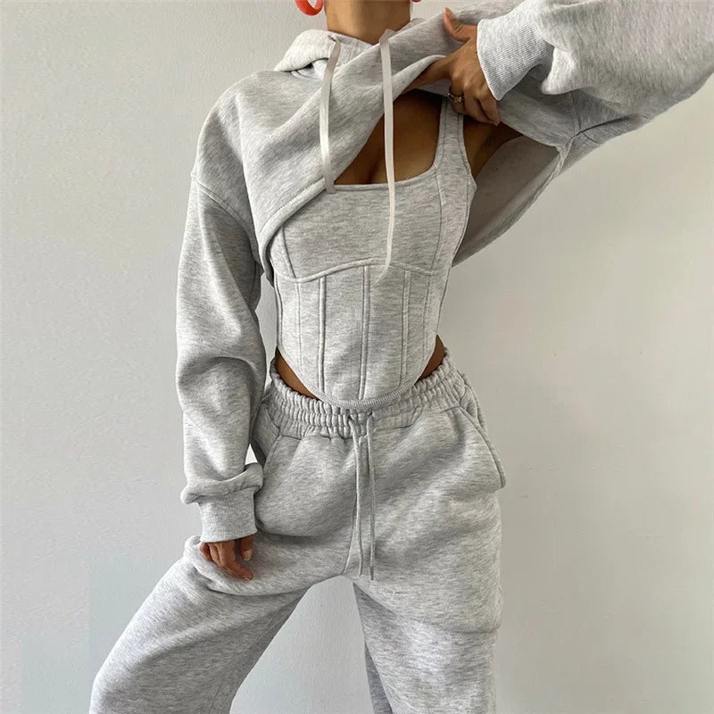 Y2K Sexy Sportswear Women's 3 Piece Set Long Sleeved Hooded Cardigan+slim Fit Strapless Vest+straight Leg Wide Pants