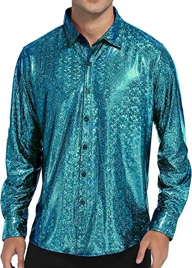 Metallic Shiny Polyester Dress Shirts for Men Black Solid Gold Red Silver Long Sleeve Turn Down Collar Prom Disco Men's Shirt