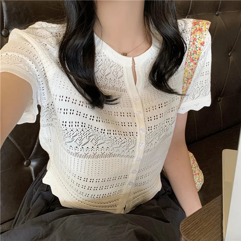 Chic Hollow Out Knitted T-Shirt Women 2026 Summer Button Up Short Sleeve Crop Tee Woman All Match Round Neck T Shirt Female