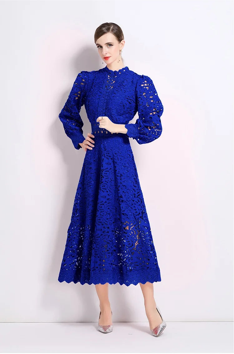 Solid Lace Holloe Out Slimming Elegant Dresses For Women Stand Collar Long Sleeve High Waist Minimalist Dress Female Fashion