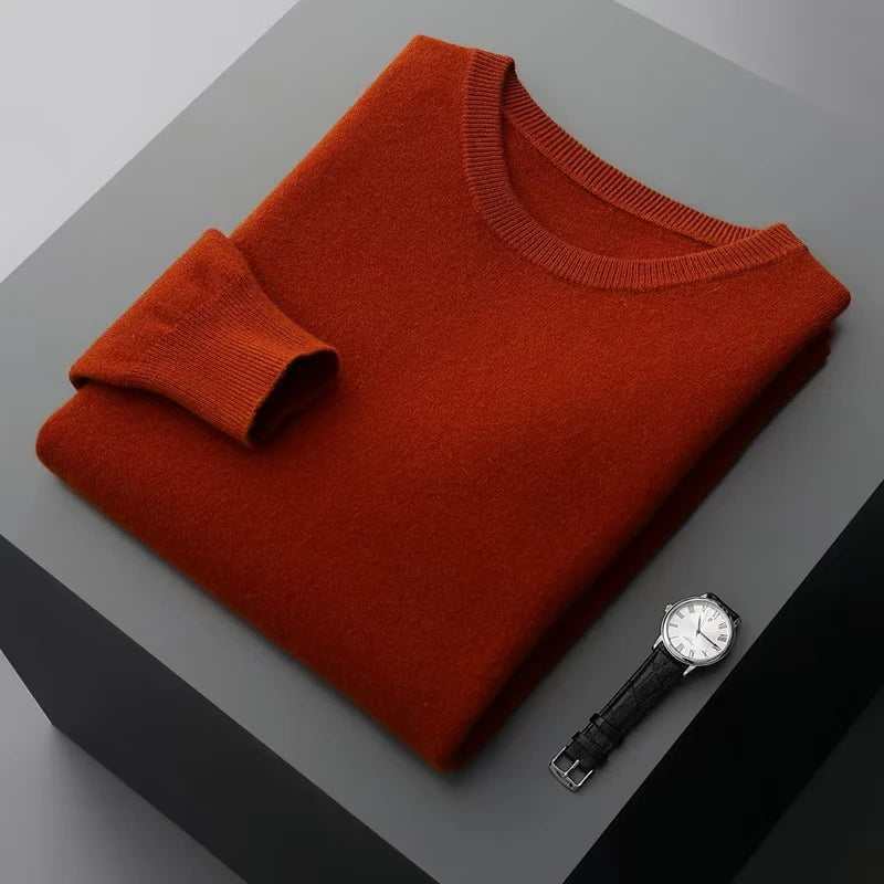 100% wool men's round neck solid color loose knit cashmere pullover for business and leisure, keeping warm in autumn and winter