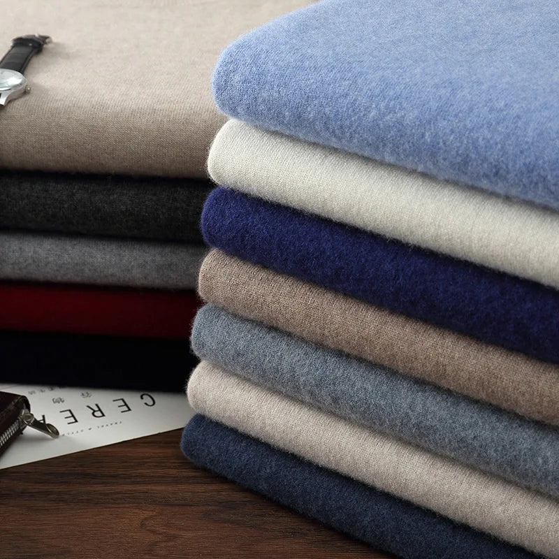 Autumn/Winter Men's 100% Cashmere Pullover Business Casual Solid Knitted Sweater Loose High Collar Tops Basic Thick Warm Jumper