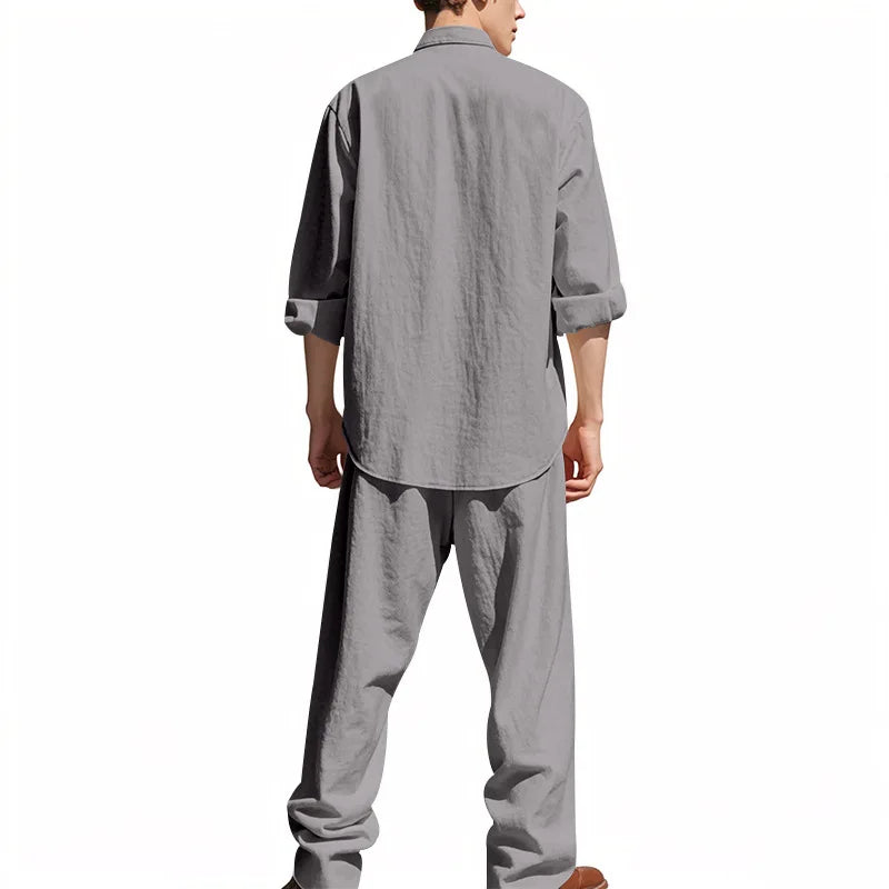 Tracksuit 2025 Seasons Linen Men's Casual Loose Breathable Long sleeved Pants Shirt Beach Set in Stock Male  Clothing Big Size