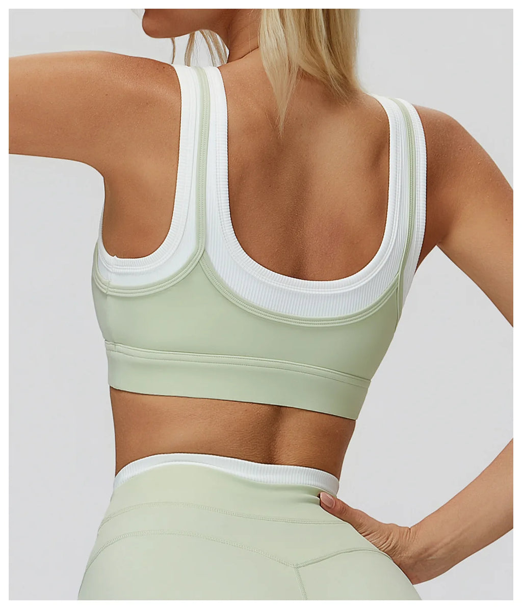 Custom LOGO Women's Naked Fake Two-piece Sports Vest Threaded Contrast Yoga Bra Running Fitness Clothing Top