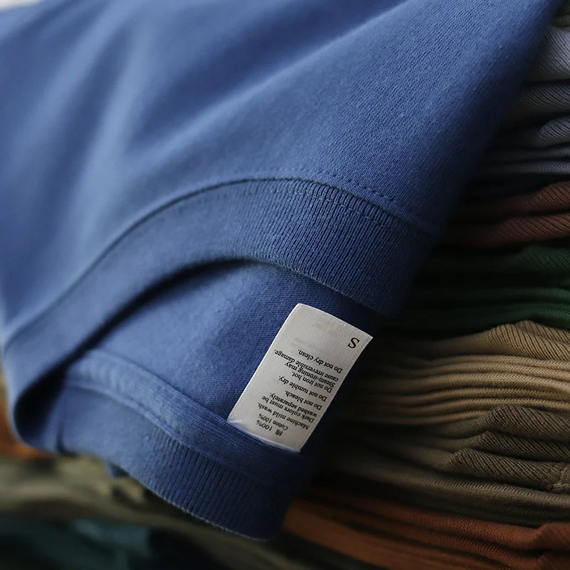 Have Blue Pure Cotton Base Shirt Solid Color T-Shirt American Retro Round Neck Short Sleeve Heavyweight T-Shirt for Men