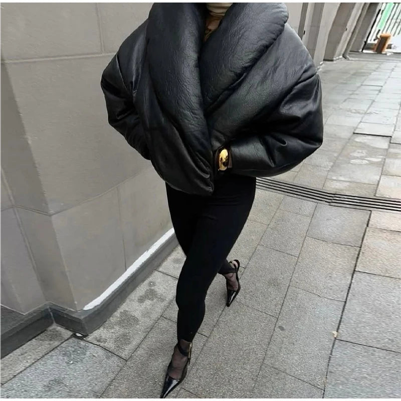 Solid Leather Turn Down Collar Cotton Coat 2026 Winter Ladies Warm Pockets Cropped Padded Jackets Women's High Street Outwear