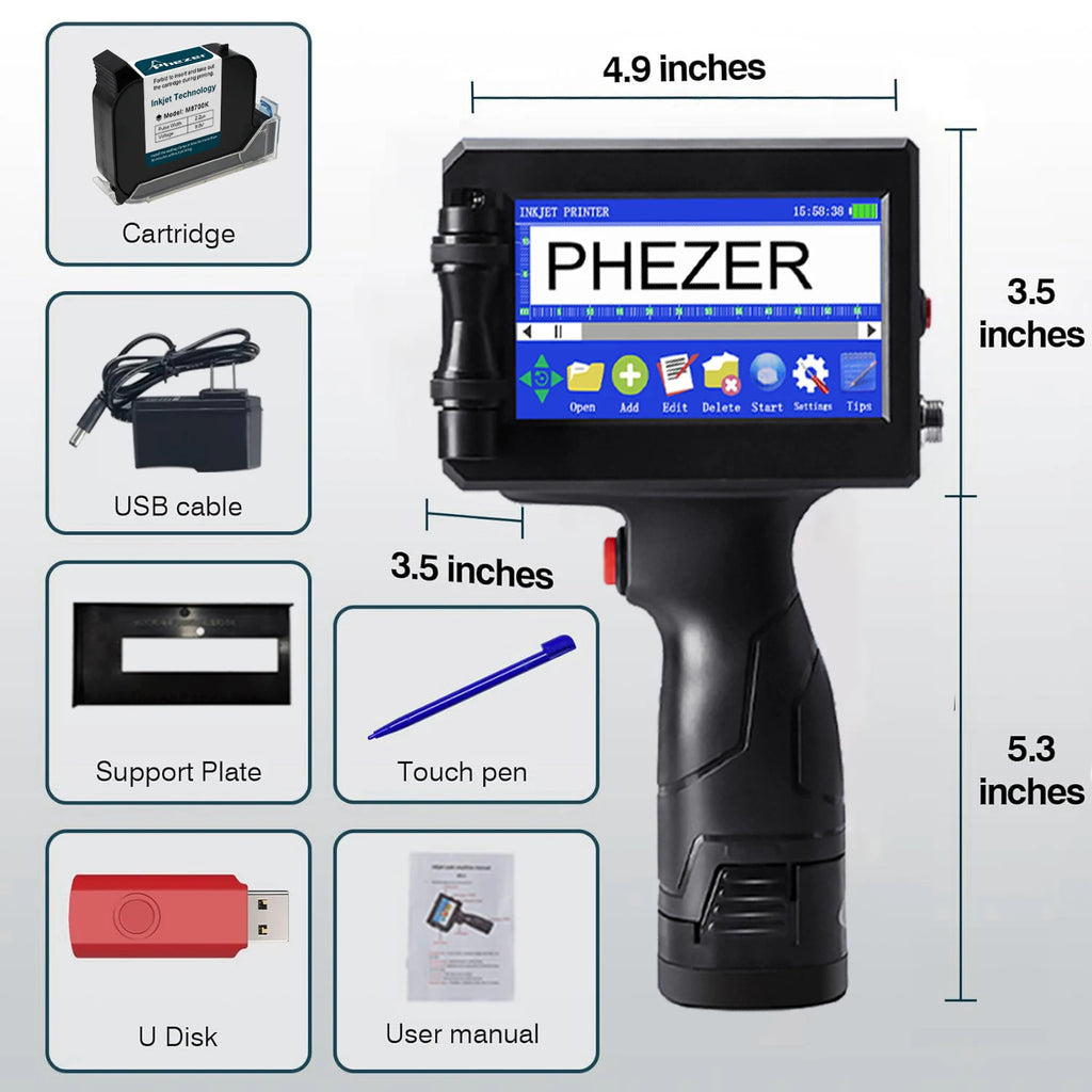 Phezer P15 12.7/25.4mm Handheld Inkjet Printer 28 Languages QR Code Barcode Batch Code Date Marking Expiration Date Coder