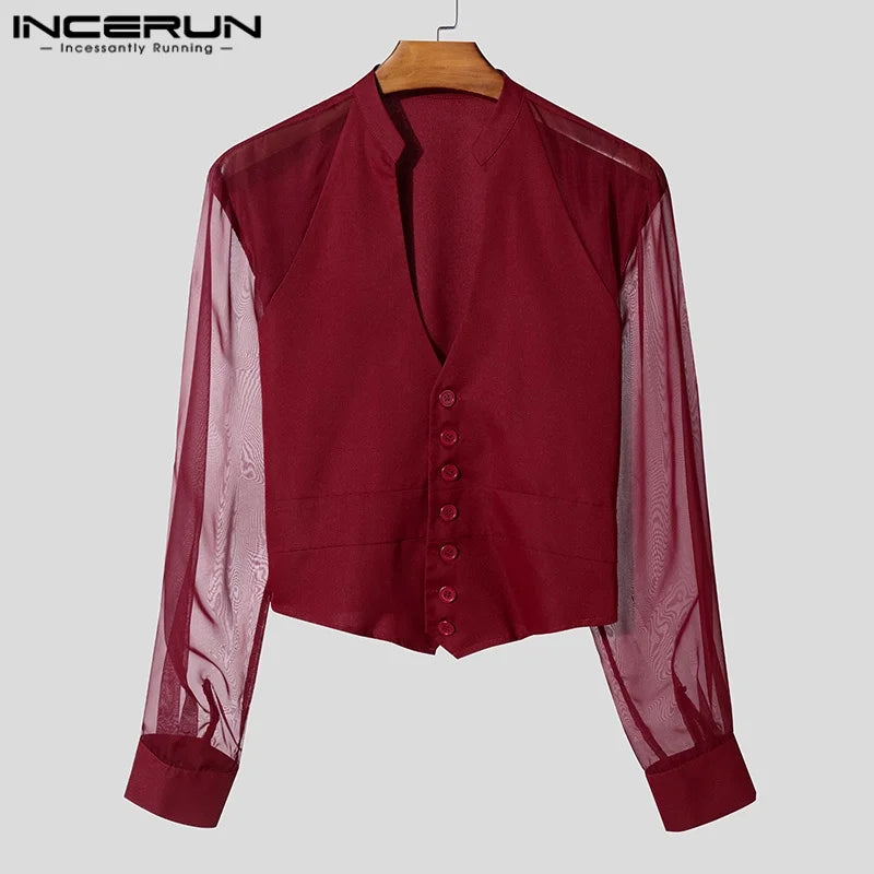 Men Shirt Mesh Patchwork V Neck Long Sleeve Casual Male Shirts Streetwear Transparent Sexy Fashion Party Camisas 2025 INCERUN