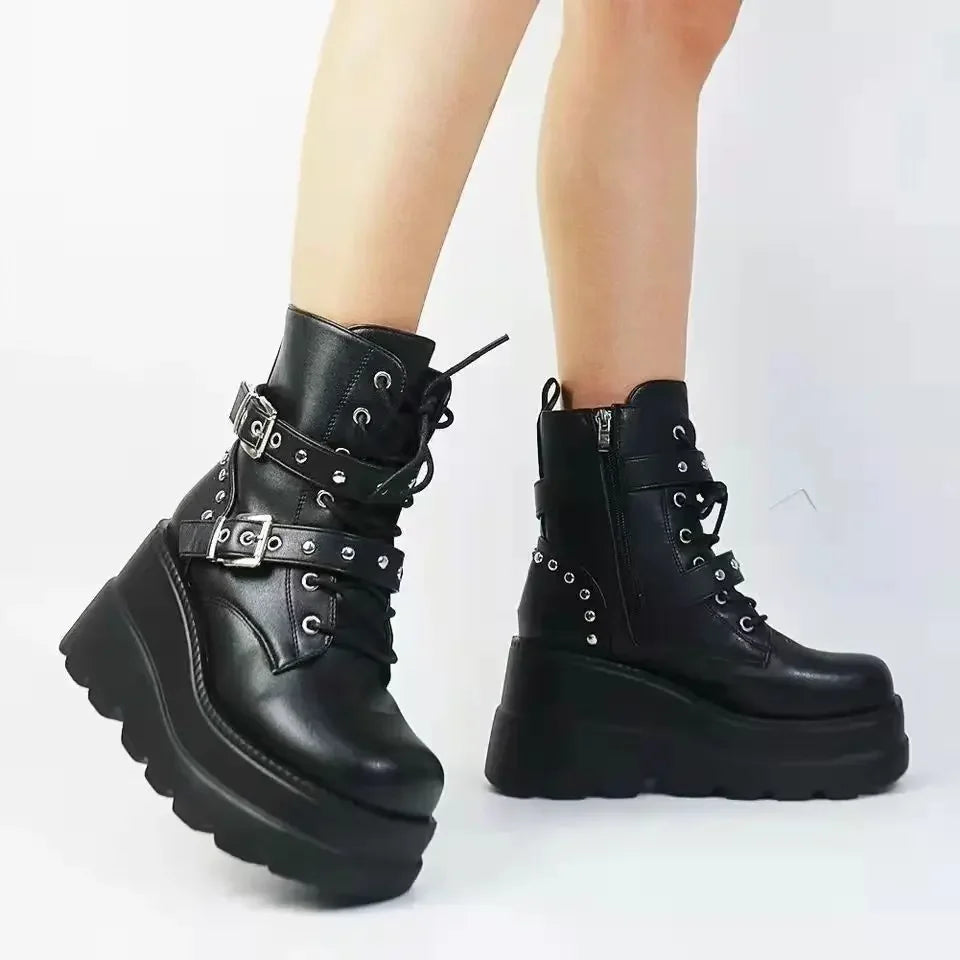 New Women's Pu Leather Ankle Boots Women Autumn Winter Round Toe Lace Up Shoes Woman Motorcycle Platform Botas Gothic Shoes