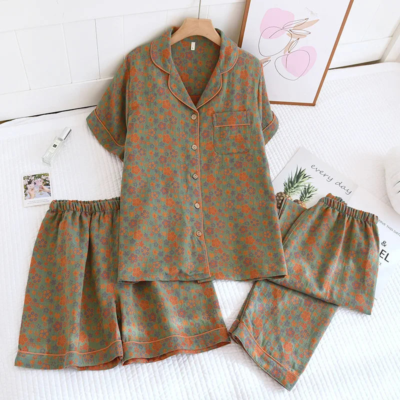 Short Sleeve Sleepwear Women's Pajamas Set Gauze Cotton Pyjamas Summer New 3 Pieces Floral Home Wear Nightwear For Woman