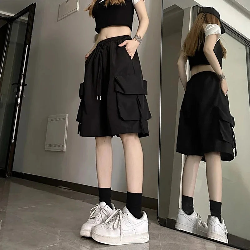 URBANCREW High-Waist Cargo Shorts — Loose Streetwear Fit