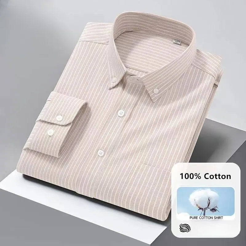 High Quality Men's Dress Shirts Long Sleeve Spring Autumn 100% Cotton Oxford Causal Stripe Social Slim White Man Clothing 5XL