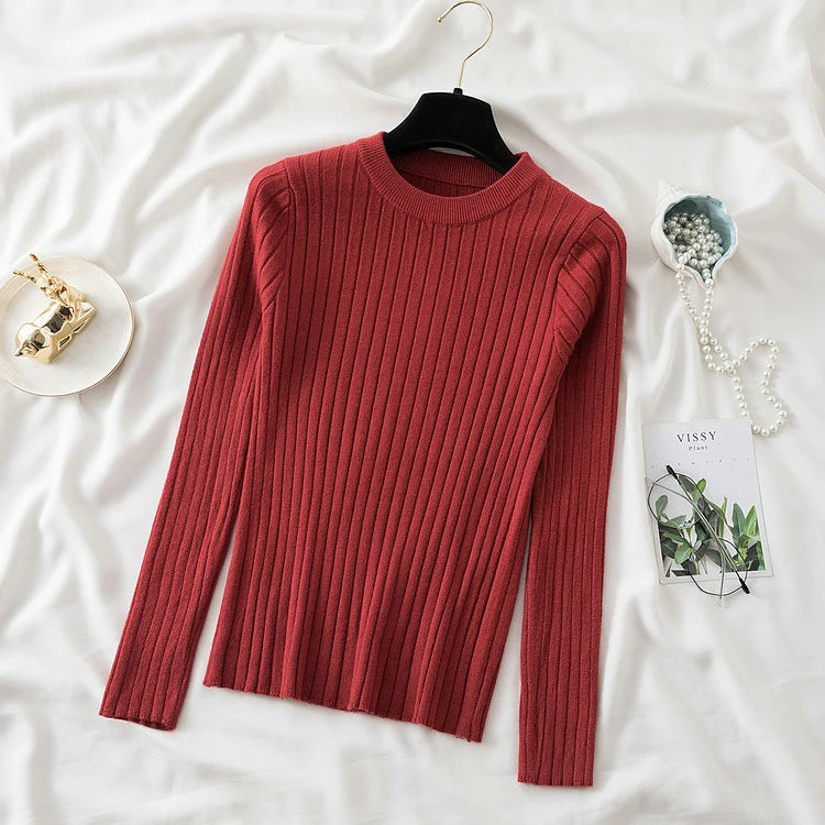 Women Pullovers Sweaters Knit Soft Jumper tops New Autumn Winter Tops O-Neck Ribbed Long Sleeve Korean Slim-fit Female Sweater