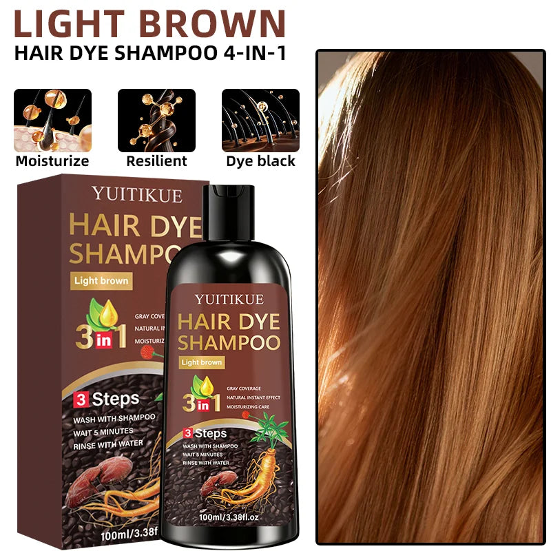 YUITIKUE Light Brown Hair Dye Shampoo 100ml 3-in-1 Gray Coverage Instant Moisturizing Hair Color Care