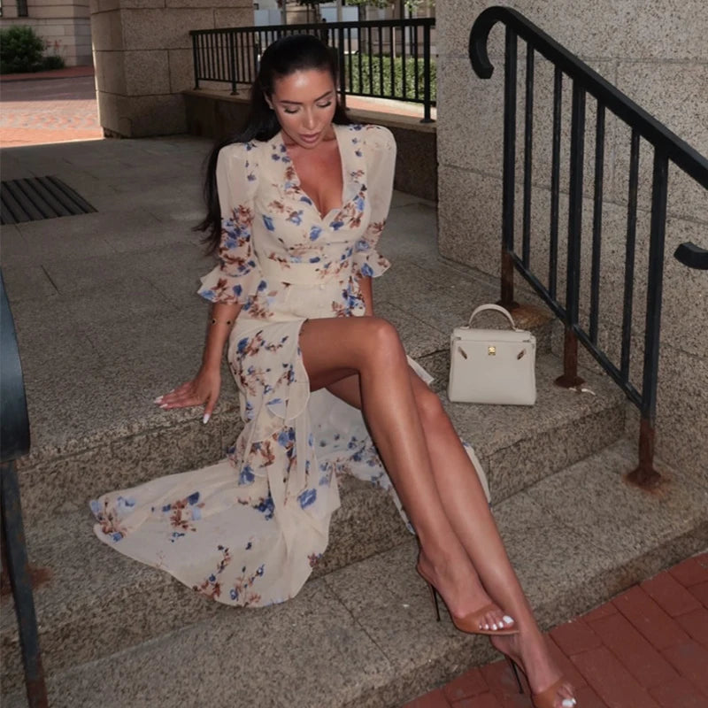 Sexy Print Women Long Dress Urban V-neck Single Breasted Ruffles Half Sleeve Female Dresses 2026 Spring Autumn Lady Robe