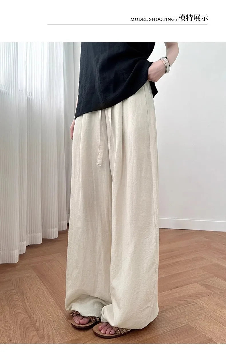 Loose Casual Cotton Linen Trousers Women Full Length Drawstring Women's Wide-leg Pants Summer Thin Linen Navy Blue Baggy Pants