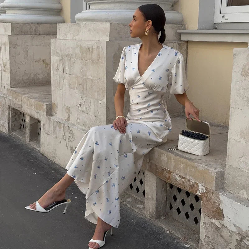 Elegant Print Women Long Dress Fashion V-neck Pleated Flutter Short Sleeve Empire Female Dresses 2026 Summer Chic Female Robe