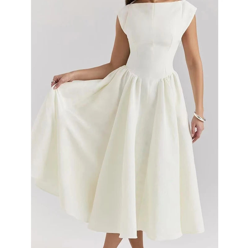 YENKYE  2025 Women Sexy Backless Elegant Party Midi Dress Short Sleeve O Neck Solid A-line Autumn Dresses Female Vestidos