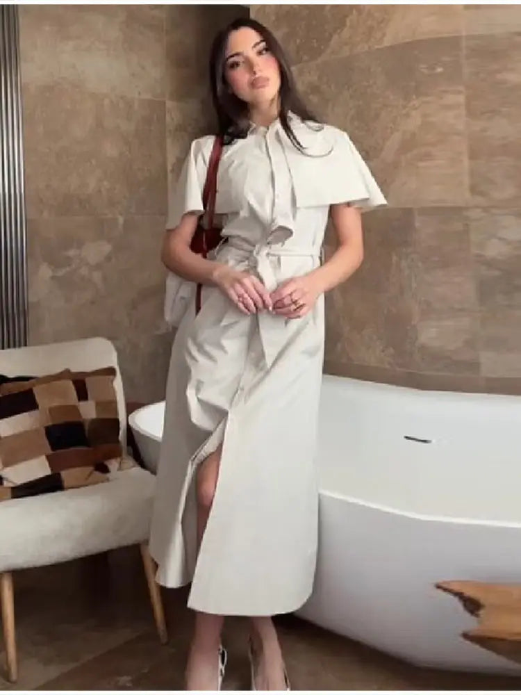 Women Trench Style Shirt Dress Solid Color Cape Sleeve Waist Belt Button Down Midi Skirt Casual Chic Daily Office Outfit New