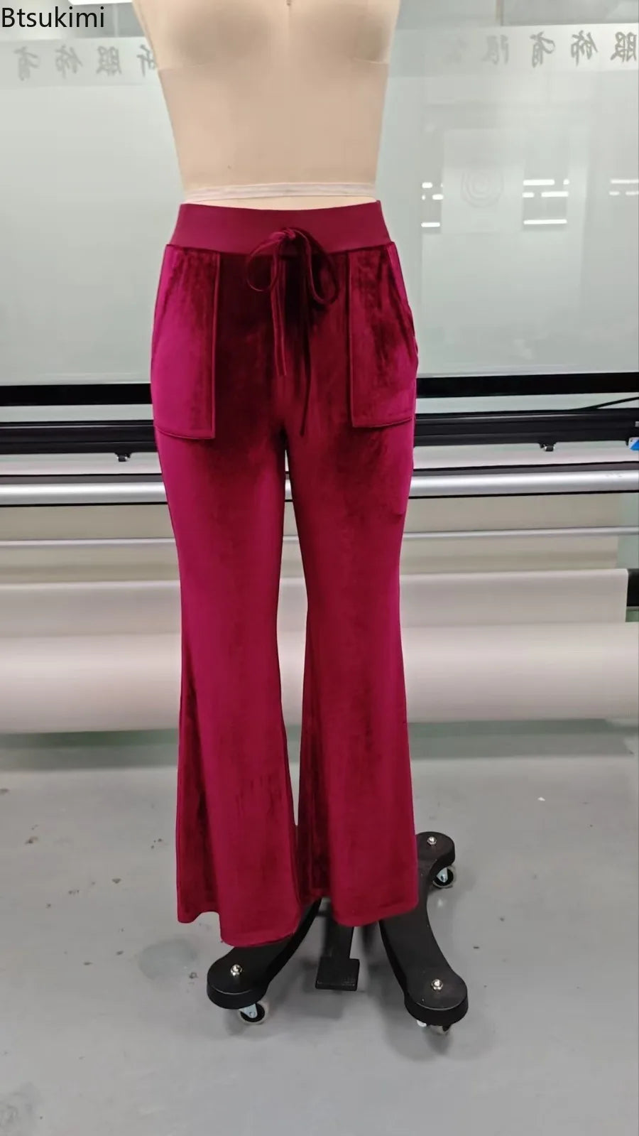 2026 Women's Velvet Trousers Fashion Velvet Solid Color High-Waisted Drawstring Pocket Flared Pant Autumn Winter Casual Pants