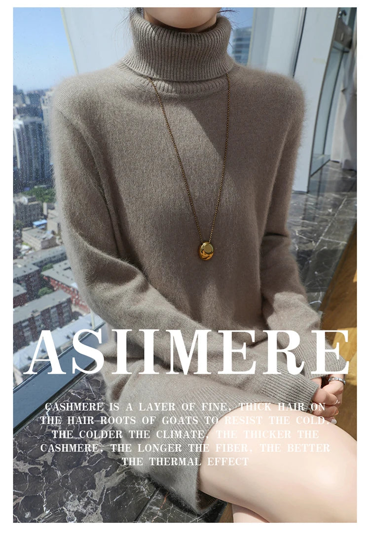 New Hot Selling 100% Mink Cashmere Knitted Women's High Neck Pullover Dress Sweater Slim Fit Solid Color Long Women's Dress