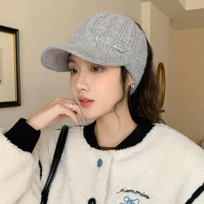 1pc Women's Solid Color Knitted Baseball Cap with Baseball Cap, Knitted Cap for Cold Weather,Suitable for Daily Use Winter Fall