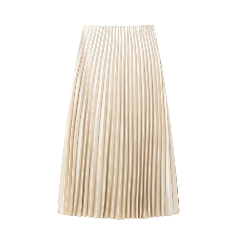 TRAF Elegant Party Midi Skirts 2025 Women's Spring Mid Waist Pleated Skirts Fashion Casual Vintage Beige Brown Long Skirts
