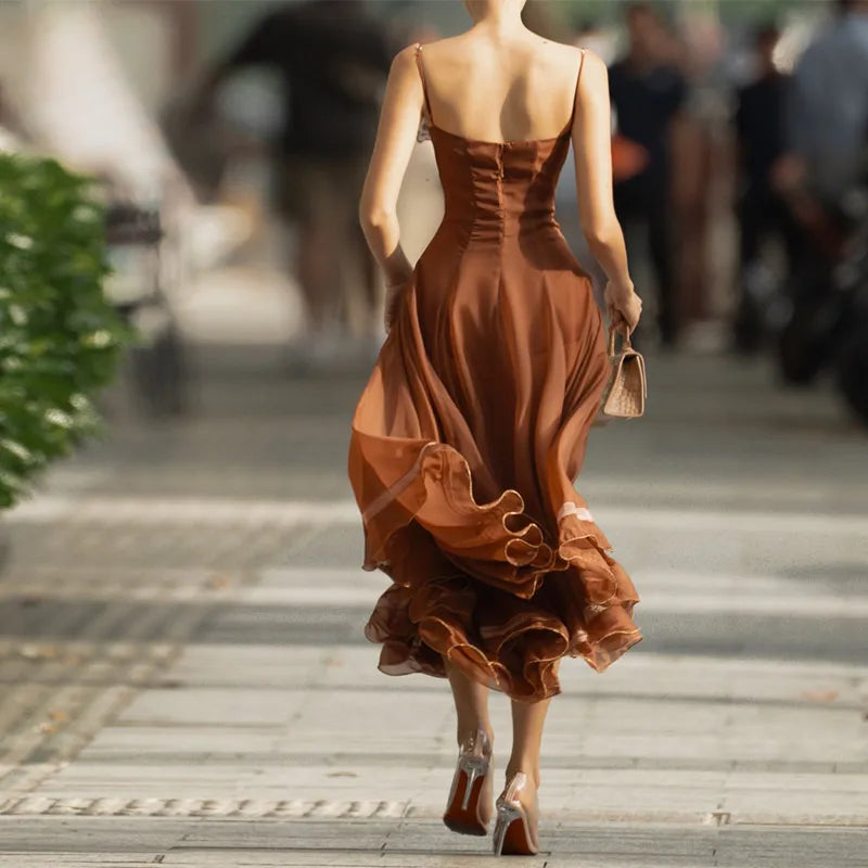 Elegant Pleated Women's Dress Sleeveless Backless Patchwork Waist-Closed Ruffle Hem Sling Maxi Dresses 2026 Summer Female Robe