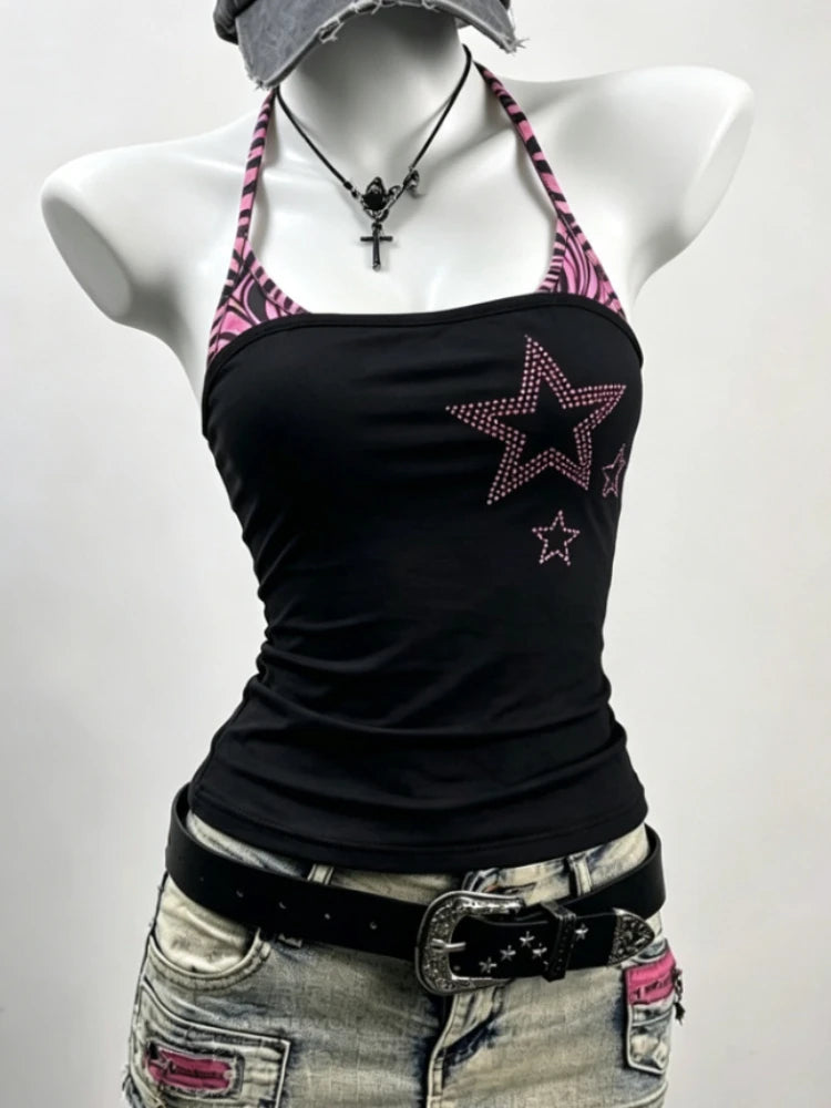 American Retro Flower Printed Halter Camis Y2K Harajuku Streetwear Vest Women Slim Sexy Chic Sleeveless Camisole Tops