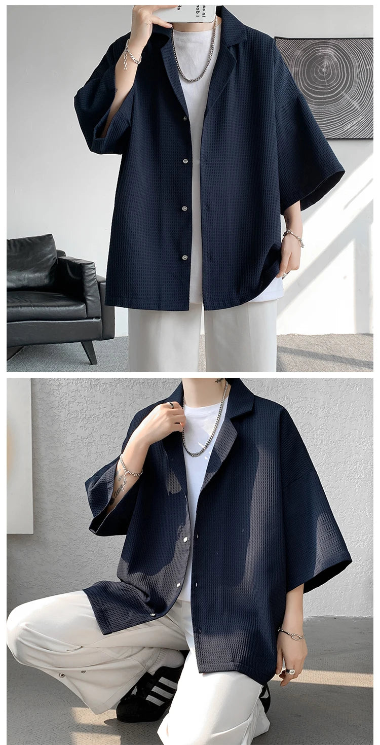 LEGIBLE Spring Summer Solid Shirts Men Casual Oversized Three Quarter Shirts Male Loose Fit Shirt for Man