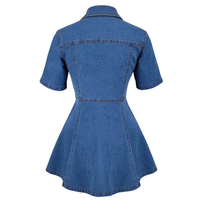 GLCMYAYA Fashion Vintage Women Street Denim Mini Dress 2025 Fall Short Sleeve Single-breasted Sexy Party A-Line Dresses Vestidos