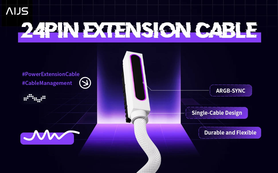 AIJS ATX 24PIN Left Side Extension Cable, ARGB 5V 3Pin, 18AWG One-Line Male-to-Female Connector