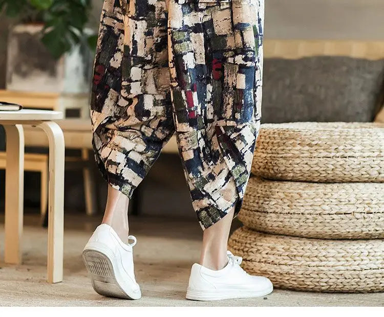 Men's Casual Cotton Linen Seven-Foot Pants Summer plus Size Lantern Loose Fit Shorts Harlan Style Comfortable Breathable Leis...