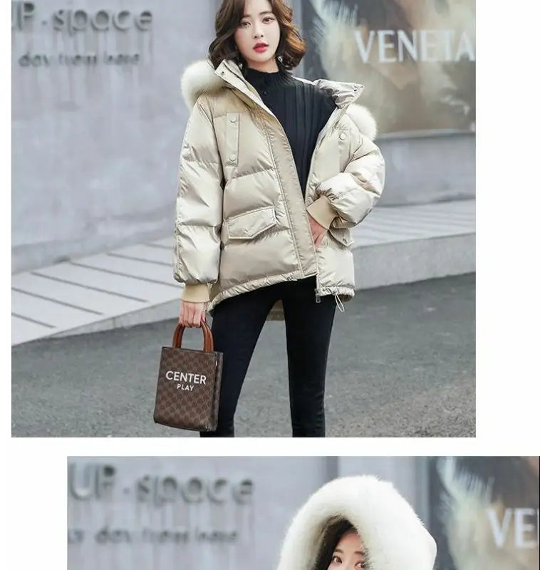 2026 Winter Fashion New Warm Duck Down Jacket Women's Clothes Glossy Fur collar Thicken Parka Short Down Coat Female Trend