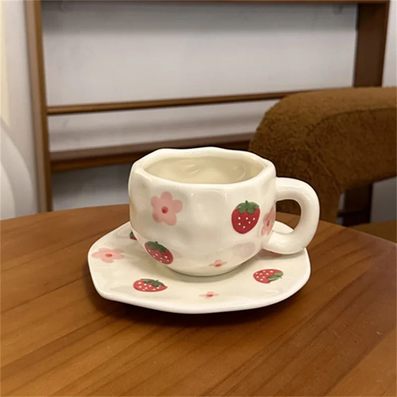 ins style retro flower ceramic cups and saucers, hand-squeezed irregular coffee cups and saucers, afternoon tea cups and saucers