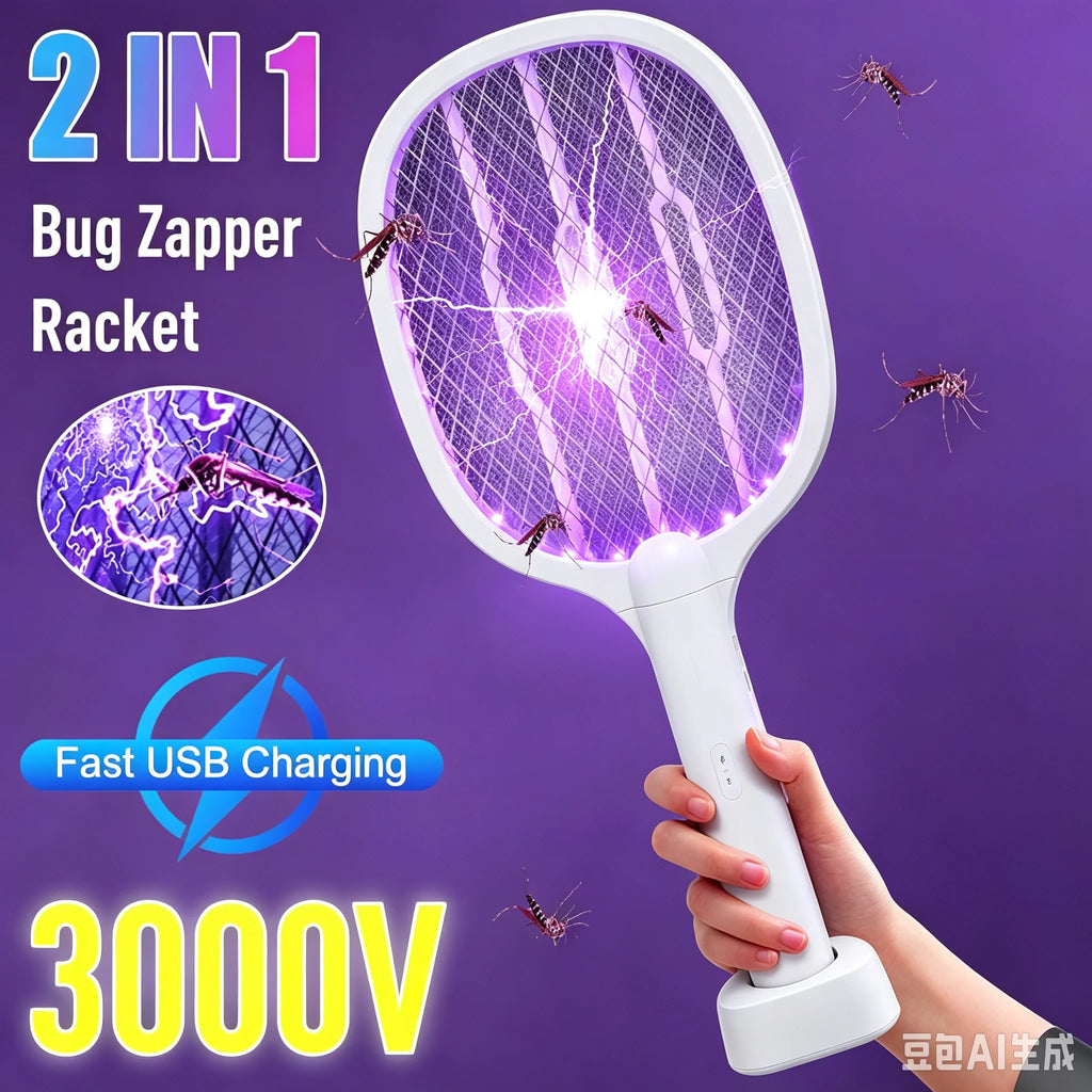 2 In 1 Electric Mosquito Swatter Mosquito Killer Lamp Killer Insect Killer 3000V USB Rechargeable Mosquito Killer Fly Killer