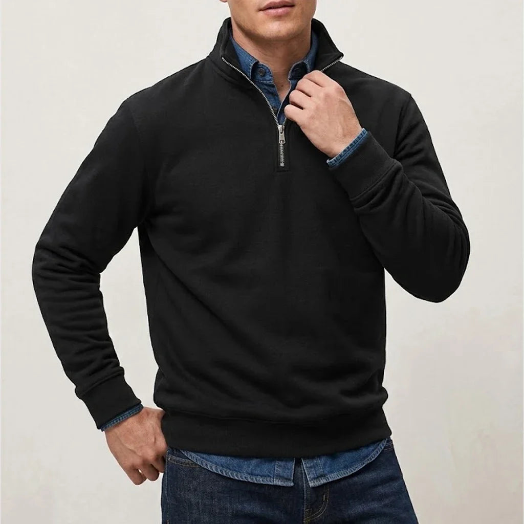 Mens Zip Up Jumper Mock Neck Warm Fleece Daily Knit Top Plain Tone Long Sleeve Pullover Outer Garment Tees for Guys Street